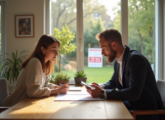 Couple examinant des papiers dans un salon lumineux