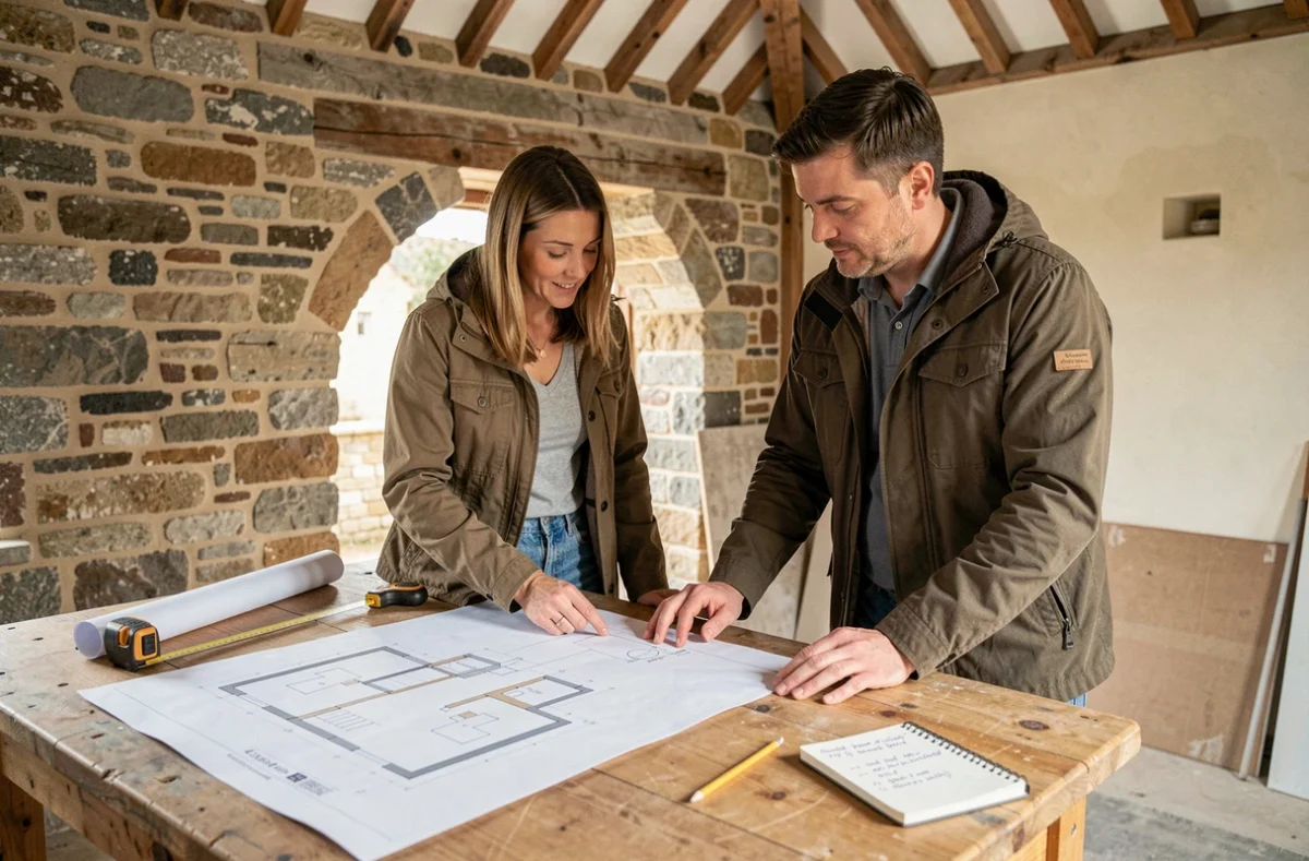 Couple étudiant les plans de rénovation d'une maison en pierre bretonne avec budget et métrés sur un établi en bois
