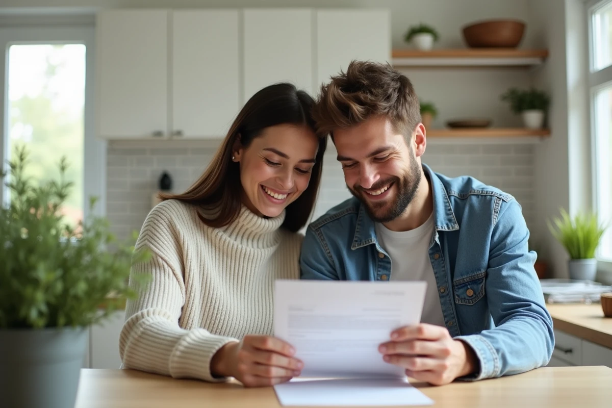 Couple souriant examinant une lettre de pret immobilier à la maison