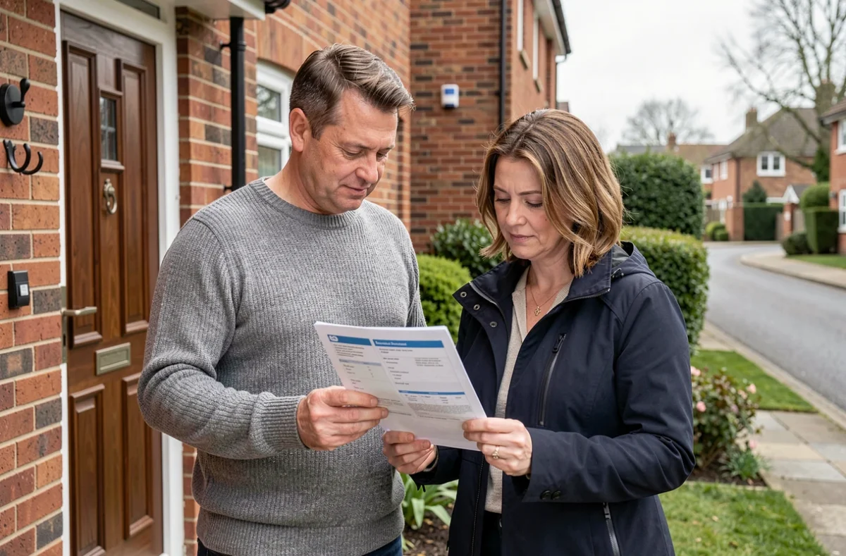 Couple propriétaire devant leur maison examinant un contrat d'assurance habitation