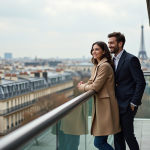 Biens immobiliers les plus recherchés : découvrez quels sont les plus convoités en France ! Couple élégant sur terrasse parisienne avec vue sur la ville