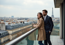 Couple élégant sur terrasse parisienne avec vue sur la ville