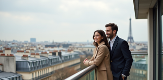 Couple élégant sur terrasse parisienne avec vue sur la ville