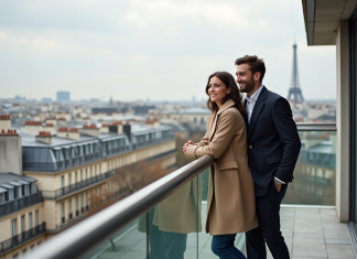 Couple élégant sur terrasse parisienne avec vue sur la ville