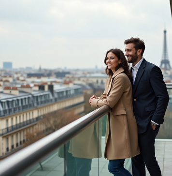 Biens immobiliers les plus recherchés : découvrez quels sont les plus convoités en France ! Couple élégant sur terrasse parisienne avec vue sur la ville