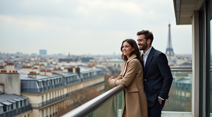 Biens immobiliers les plus recherchés : découvrez quels sont les plus convoités en France ! Couple élégant sur terrasse parisienne avec vue sur la ville