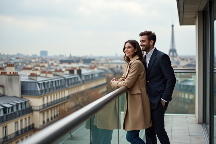 Couple élégant sur terrasse parisienne avec vue sur la ville