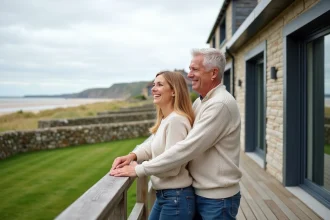 Couple souriant sur la terrasse face à la côte normande