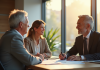 Couple senior rencontrant un conseiller bancaire dans un bureau lumineux