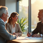 Couple senior rencontrant un conseiller bancaire dans un bureau lumineux