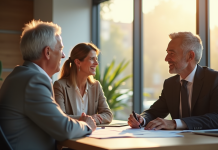 Couple senior rencontrant un conseiller bancaire dans un bureau lumineux