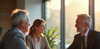 Couple senior rencontrant un conseiller bancaire dans un bureau lumineux