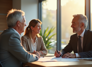 Couple senior rencontrant un conseiller bancaire dans un bureau lumineux