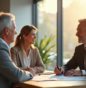 Prêt viager hypothécaire : quelle banque choisir ? Couple senior rencontrant un conseiller bancaire dans un bureau lumineux
