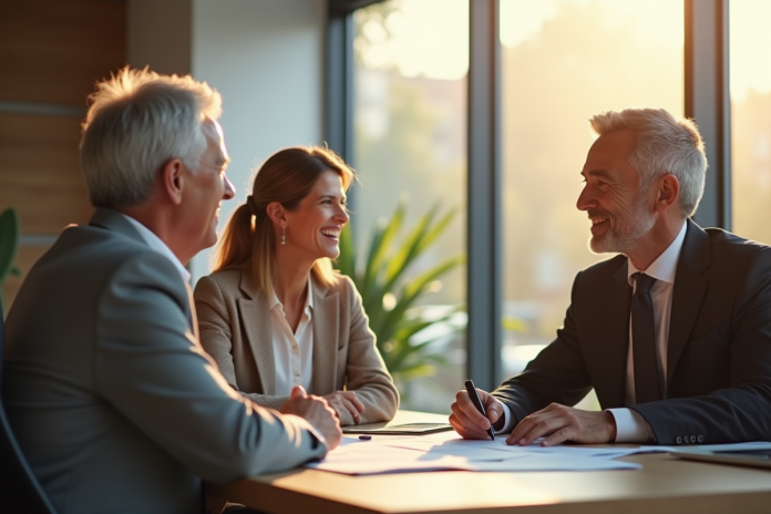 couple-senior-conseiller-banque Couple senior rencontrant un conseiller bancaire dans un bureau lumineux