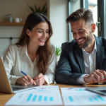 Meilleur taux prêt immobilier : comparatif des offres Jeune couple souriant en cuisine avec documents immobiliers