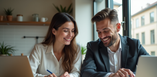 Meilleur taux prêt immobilier : comparatif des offres Jeune couple souriant en cuisine avec documents immobiliers