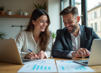 Jeune couple souriant en cuisine avec documents immobiliers