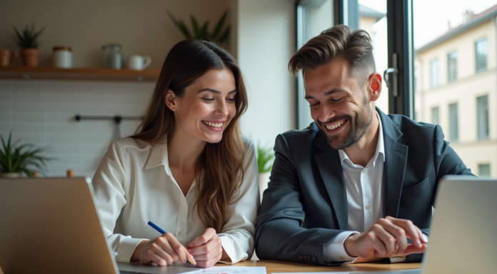Jeune couple souriant en cuisine avec documents immobiliers