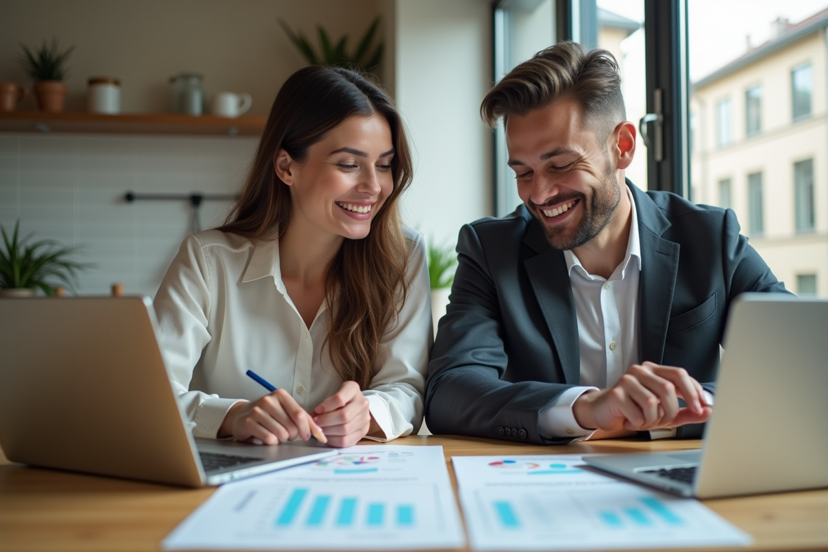 Jeune couple souriant en cuisine avec documents immobiliers