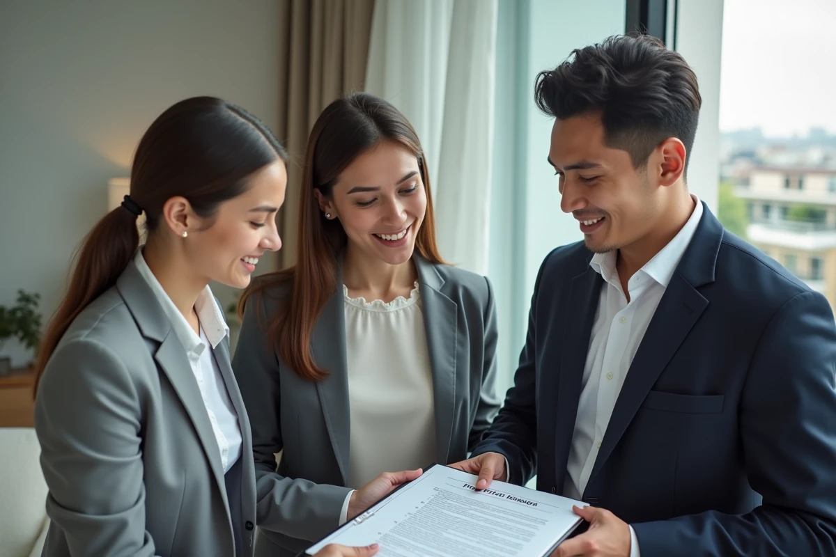 Jeune couple et agent immobilier examinant un dossier immobilier
