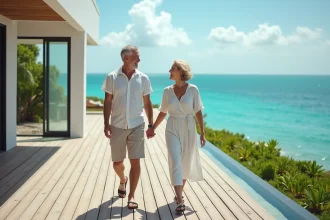 Couple détendu face à la mer turquoise en vacances