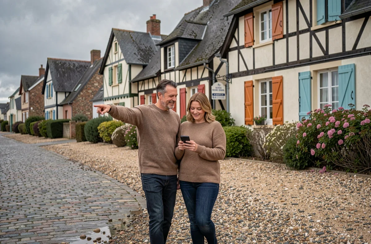 Couple visitant des maisons normandes à colombages en bord de mer pour un investissement locatif saisonnier