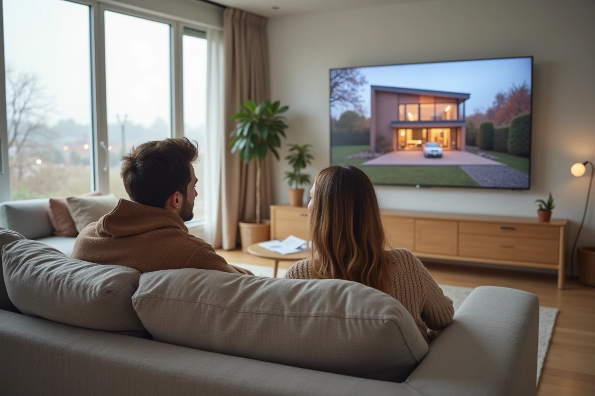 Couple regardant une visite virtuelle 360 d'une maison sur grand écran dans leur salon pour évaluer un achat immobilier à distance