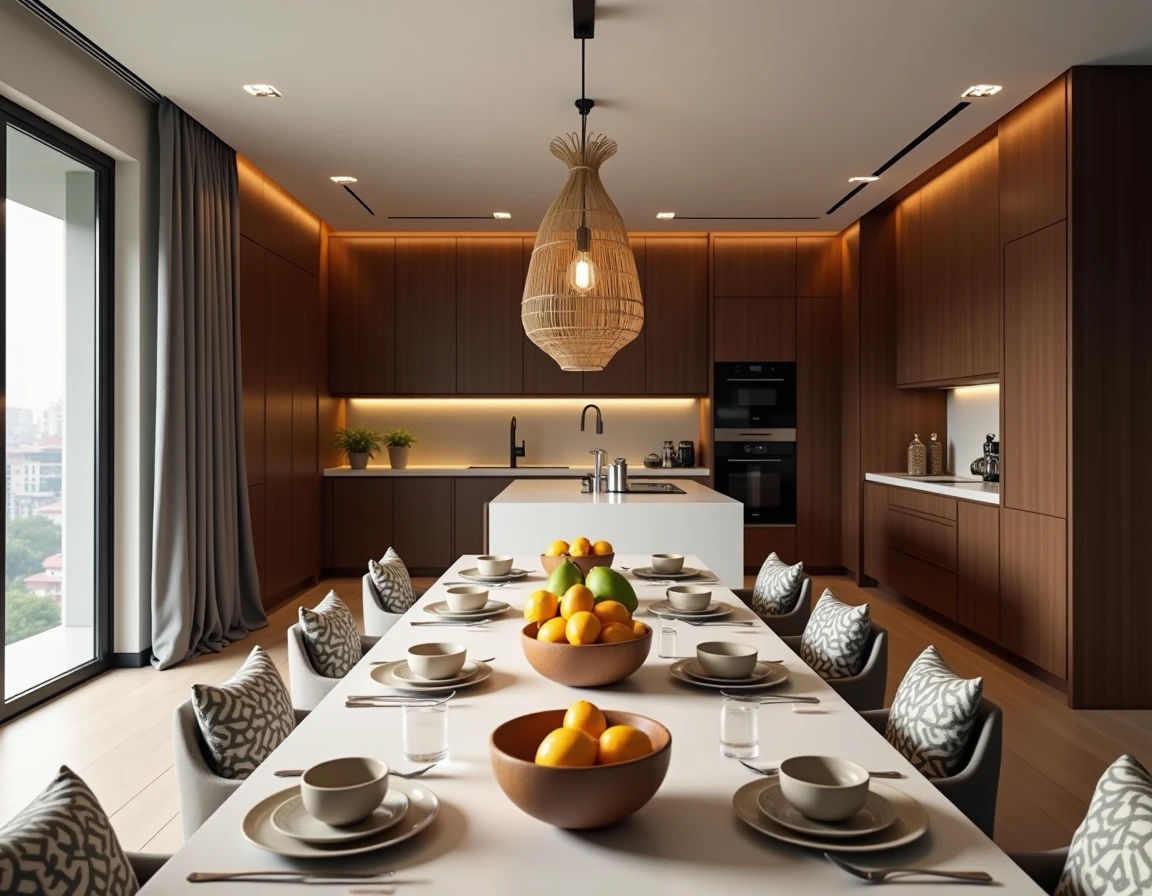 Cuisine et salle à manger modernes d'un appartement haut standing à Dakar avec équipements premium et touches africaines