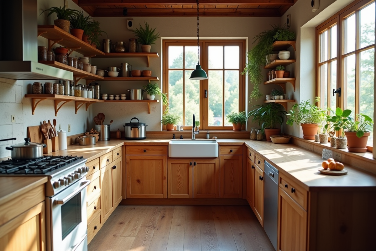 Cuisine rustique avec plans en bois et étagères ouvertes