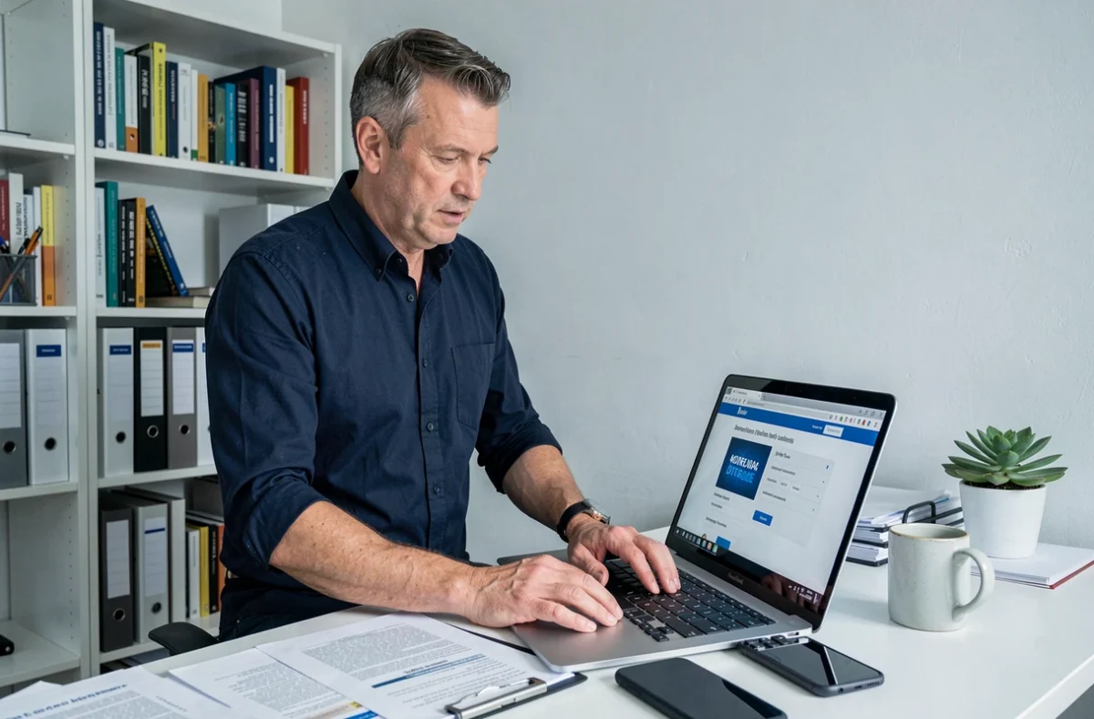 Homme consultant les démarches de résiliation d'assurance en ligne sur un ordinateur portable dans un bureau à domicile