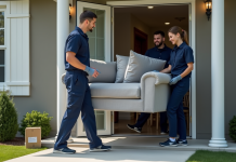 Déménagement : Des Experts pour Vous Aider Facilement et Rapidement ! Trois déménageurs portant un canapé devant une maison moderne