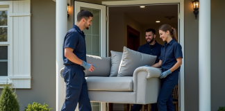 Déménagement : Des Experts pour Vous Aider Facilement et Rapidement ! Trois déménageurs portant un canapé devant une maison moderne