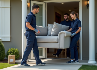 Déménagement : Des Experts pour Vous Aider Facilement et Rapidement ! Trois déménageurs portant un canapé devant une maison moderne