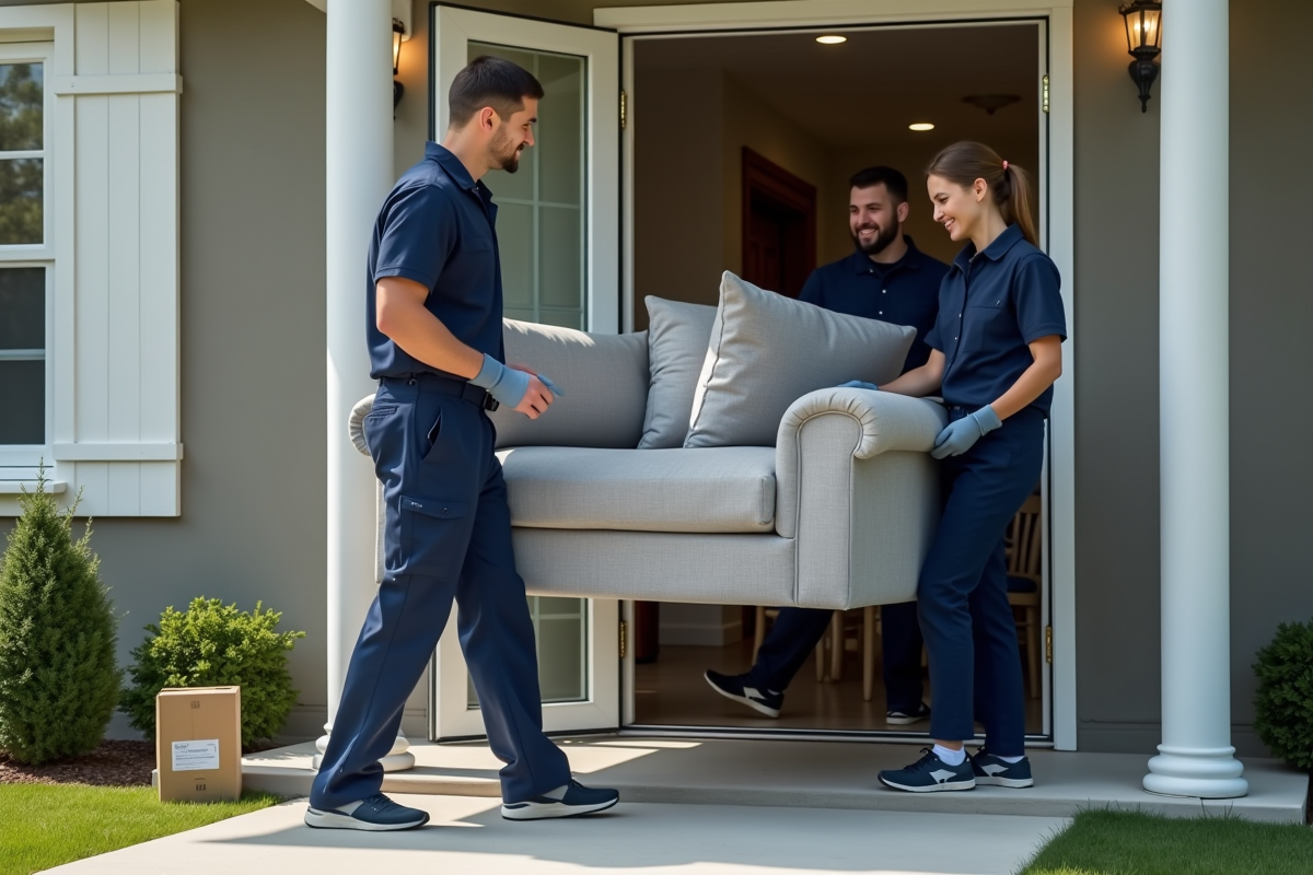 Trois déménageurs portant un canapé devant une maison moderne
