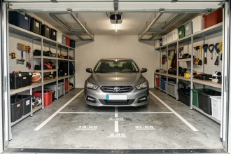 Garage individuel moderne avec voiture garée et étagères de rangement organisées sur les murs, illustrant l'optimisation de l'espace