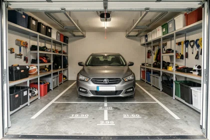 Garage individuel moderne avec voiture garée et étagères de rangement organisées sur les murs, illustrant l'optimisation de l'espace