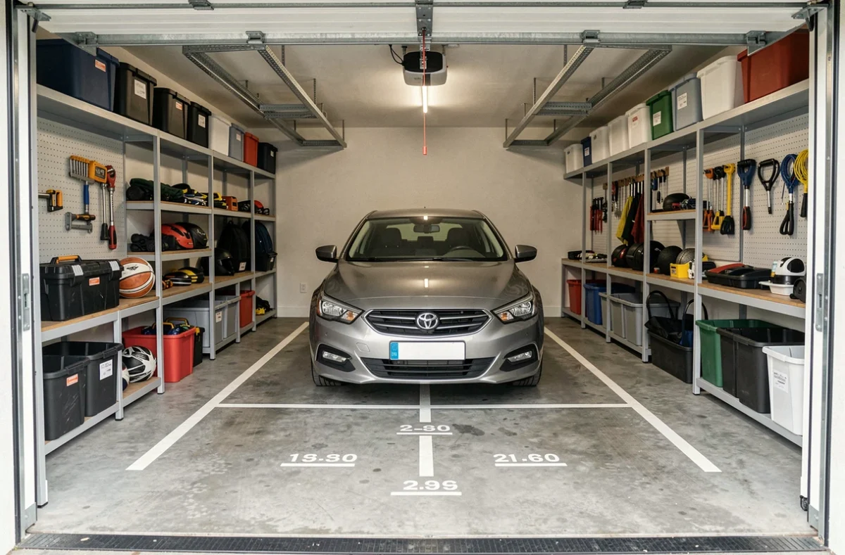 Garage individuel moderne avec voiture garée et étagères de rangement organisées sur les murs, illustrant l'optimisation de l'espace