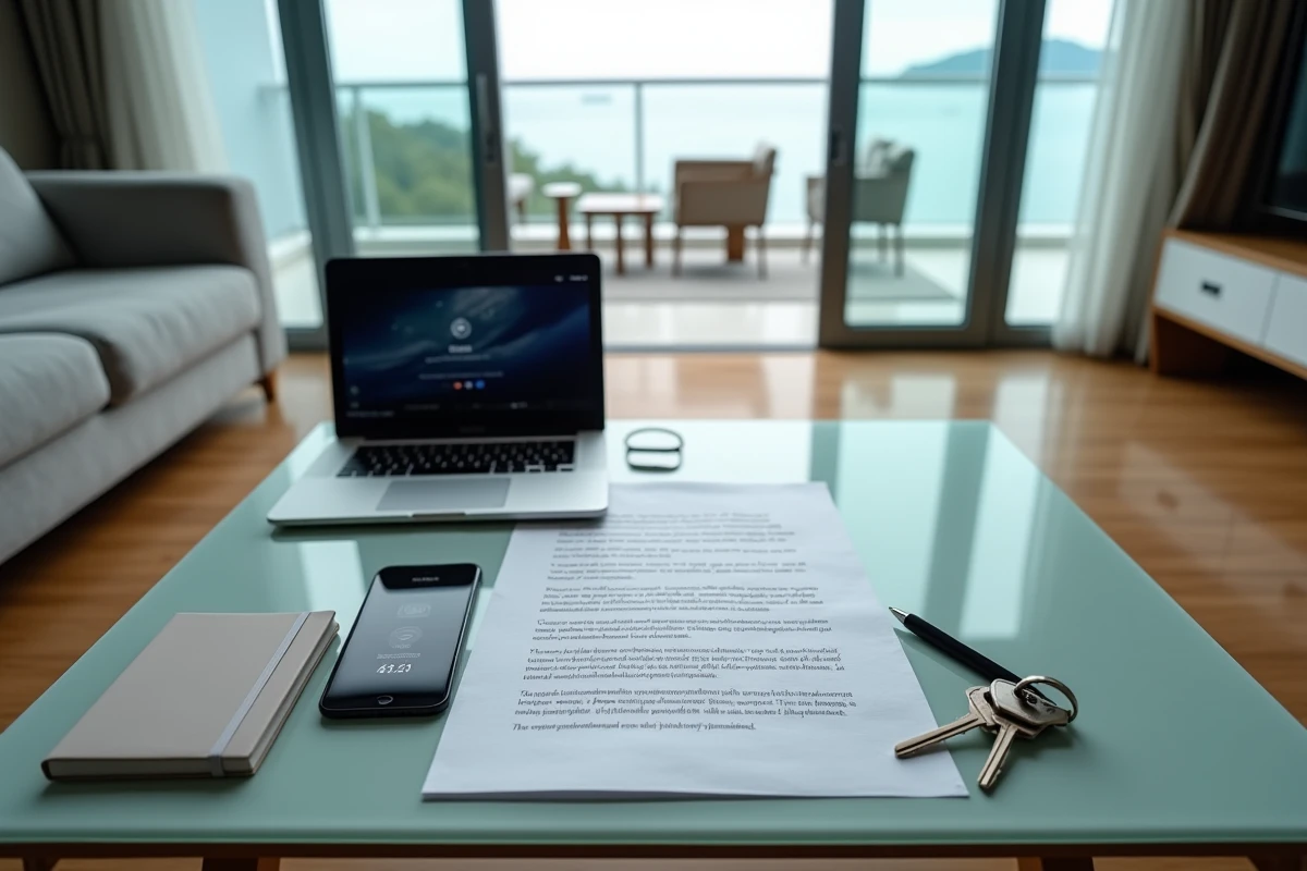 Documents de bail thaïlandais, clés d'appartement et test de débit internet sur une table dans un condo à Phuket
