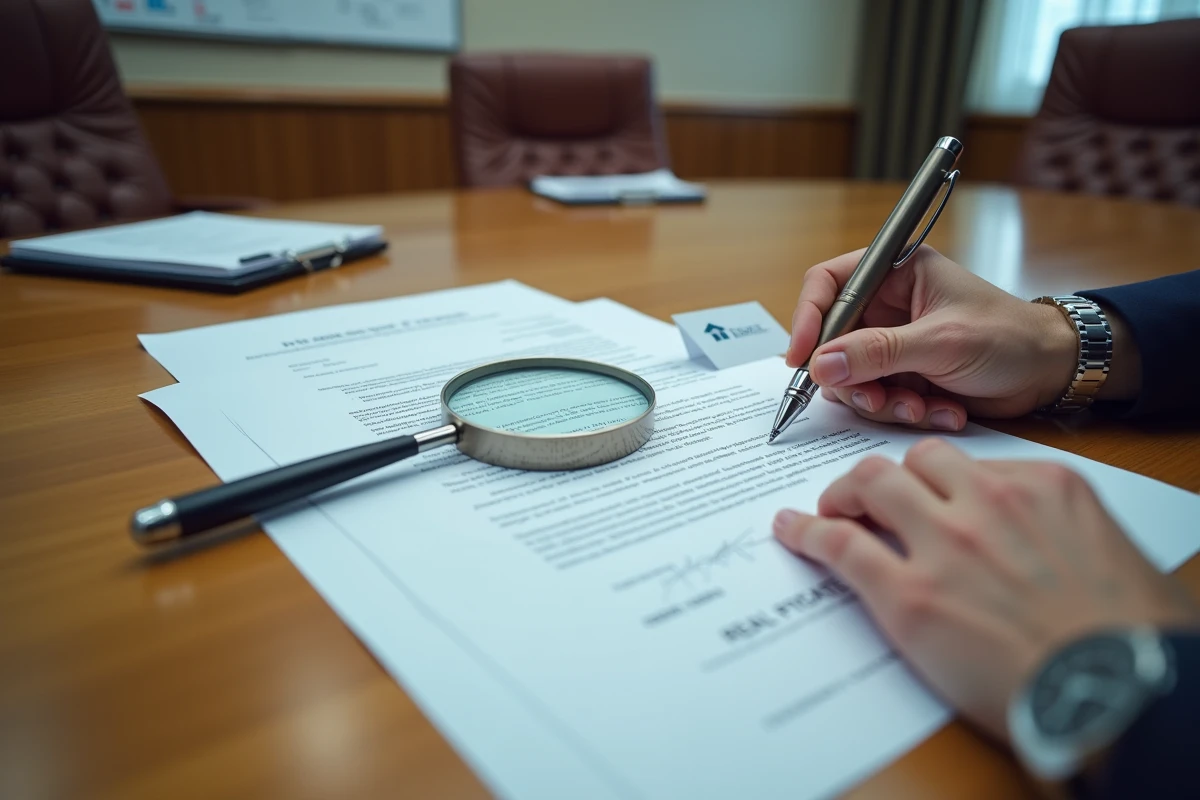 Gros plan sur des documents contractuels immobiliers avec une loupe et des mains pointant des clauses lors d'une réunion professionnelle
