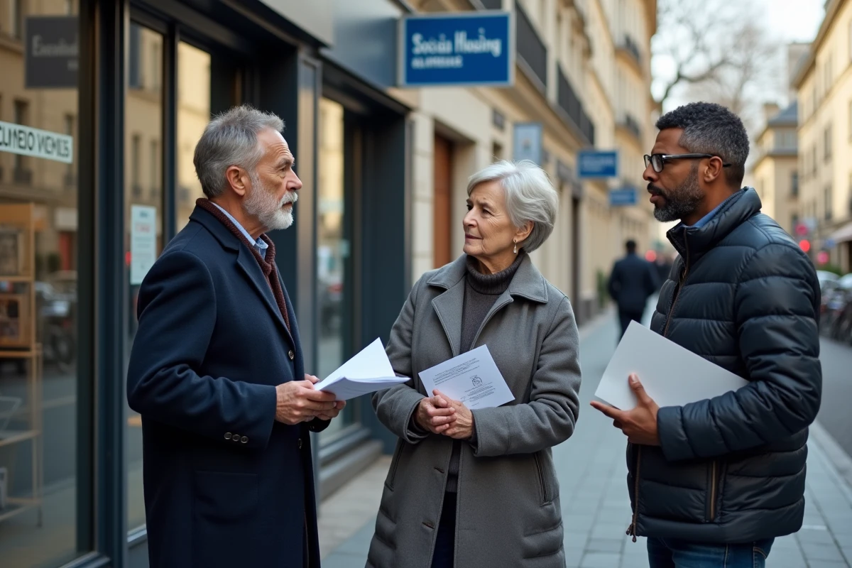 Groupe de personnes devant un office de logement social parisien tenant des dossiers de demande, symbolisant l'accès au logement social via LOC annonce à Paris