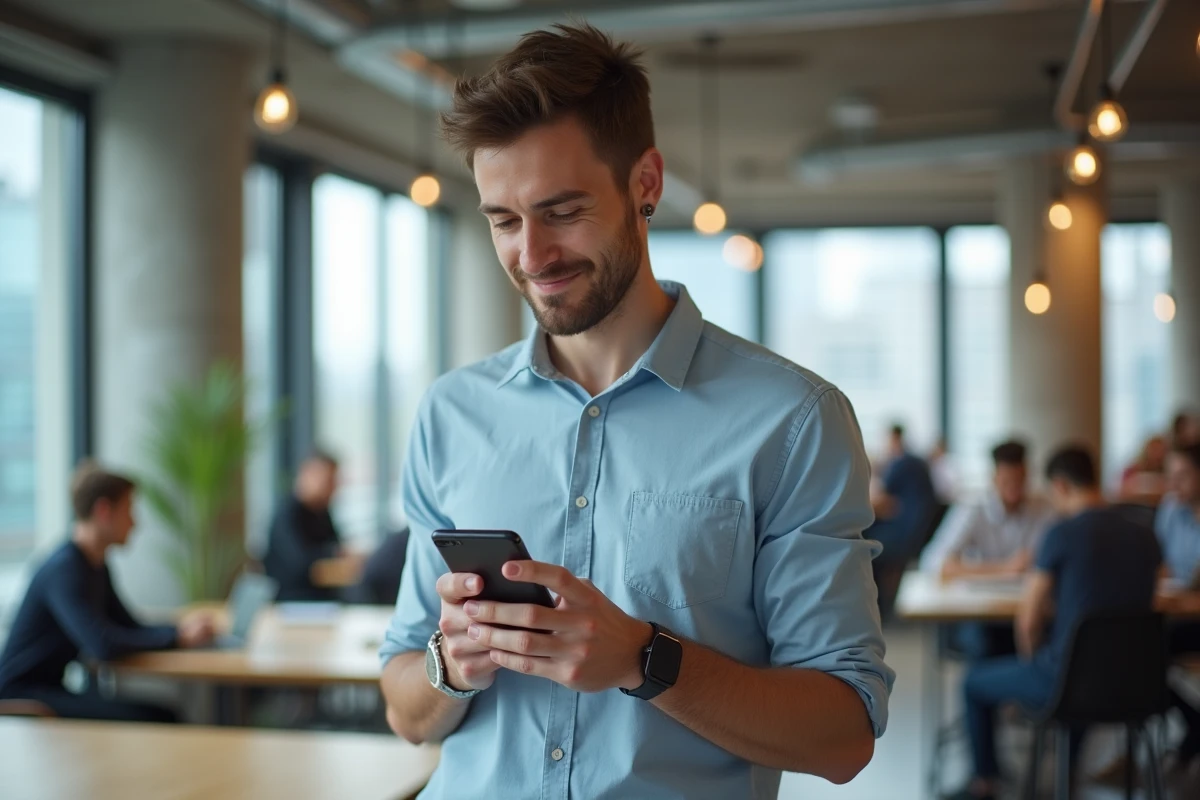 Étudiant en mobilité consultant une annonce immobilière sur smartphone dans un espace de coworking urbain