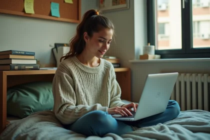 Étudiante cherchant un logement à distance sur son ordinateur portable dans une chambre de résidence universitaire