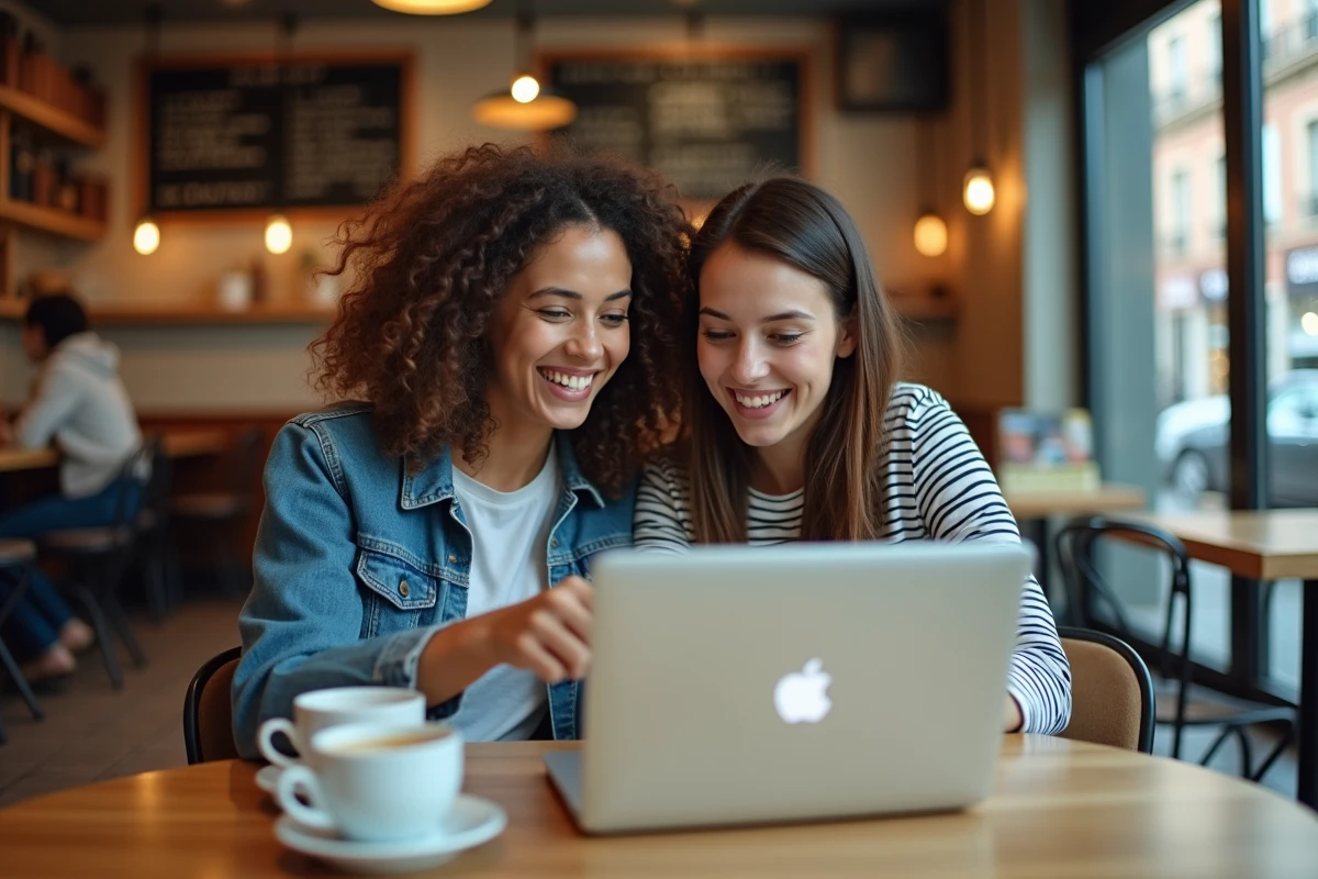 Deux étudiantes recherchant ensemble un appartement en colocation sur leurs ordinateurs dans un café