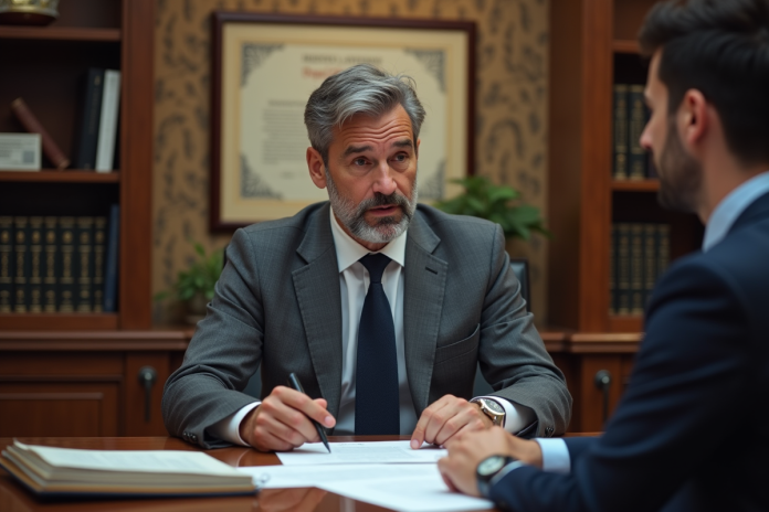 expert-droit-discussion-documents Expert en droit discutant documents avec un client sérieux