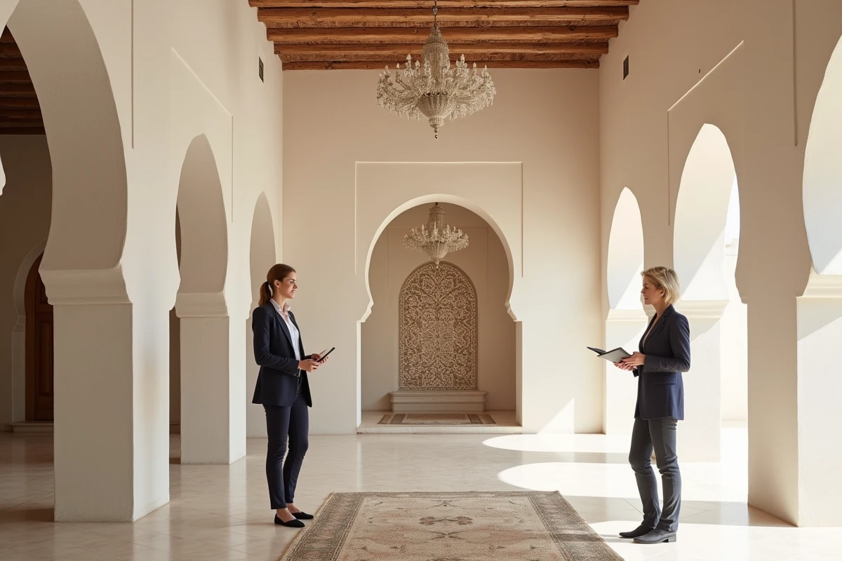 Experte en estimation immobilière inspectant l'intérieur d'une villa de luxe à Marrakech avec architecture traditionnelle marocaine