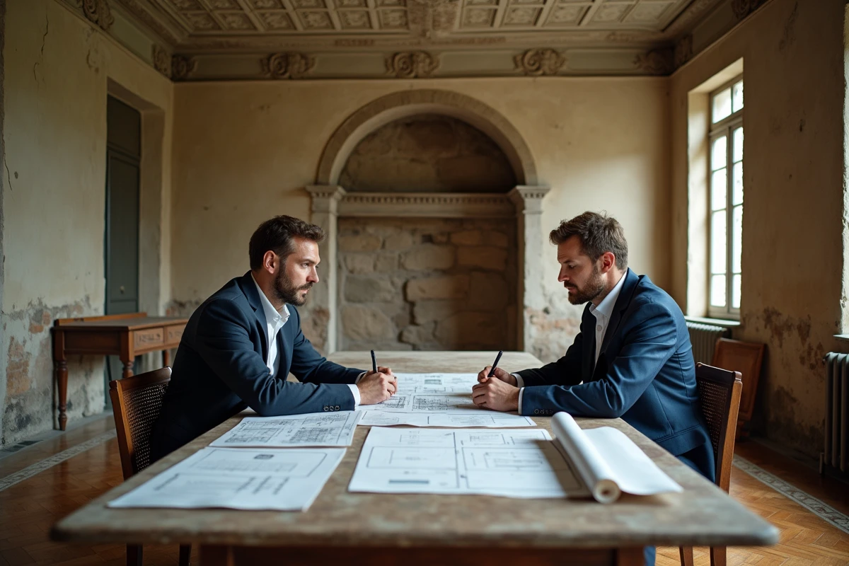 Notaire et architecte analysant les dossiers de fiscalité et d'aides à la rénovation d'un manoir classé aux monuments historiques