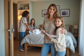 Famille souriante dans un intérieur chaleureux et moderne