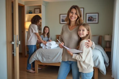Famille souriante dans un int&eacute;rieur chaleureux et moderne