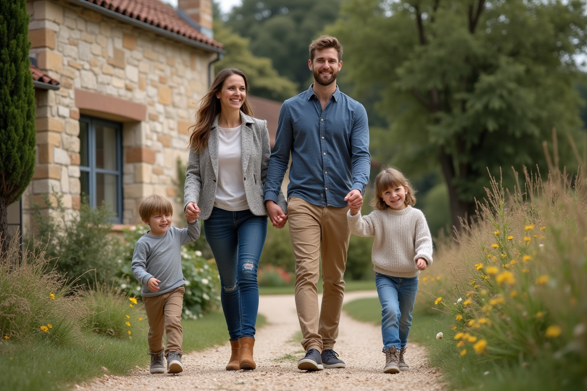 Famille dans la campagne française devant une maison en pierre